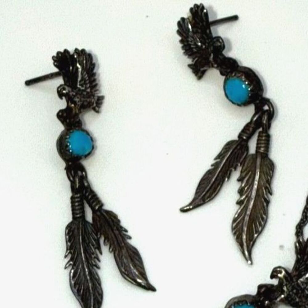 Native American earrings necklace eagle feather turquoise gems vintage jewelry - Picture 9 of 11